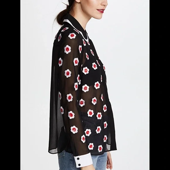 Alice + Olivia Willa Floral Embellished Scalloped Collar Placket Top Black Sz S - Picture 3 of 15
